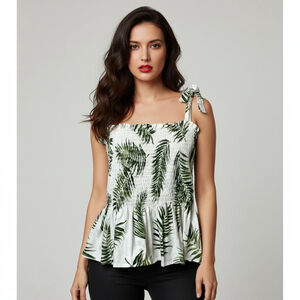 H&M Green White Camisole Top With Smocking Palm Tree Tropical Print Size Large